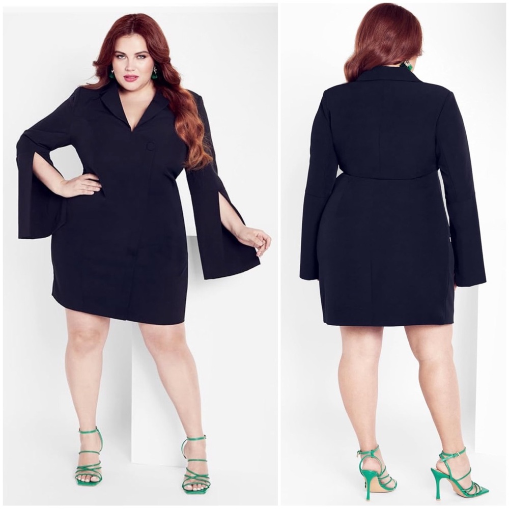 CITY CHIC Women’s Size S/16 Black Adaline Fit & Flare Split Sleeve Blazer Dress